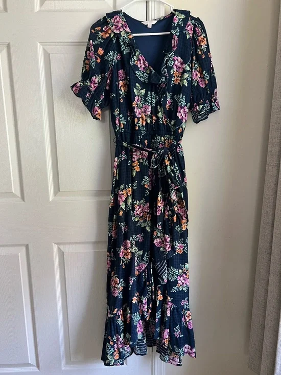 LC Lauren Conrad Navy Blue Floral Cottagecore Maxi Ruffle Tie Waist Dress Large - Picture 1 of 12